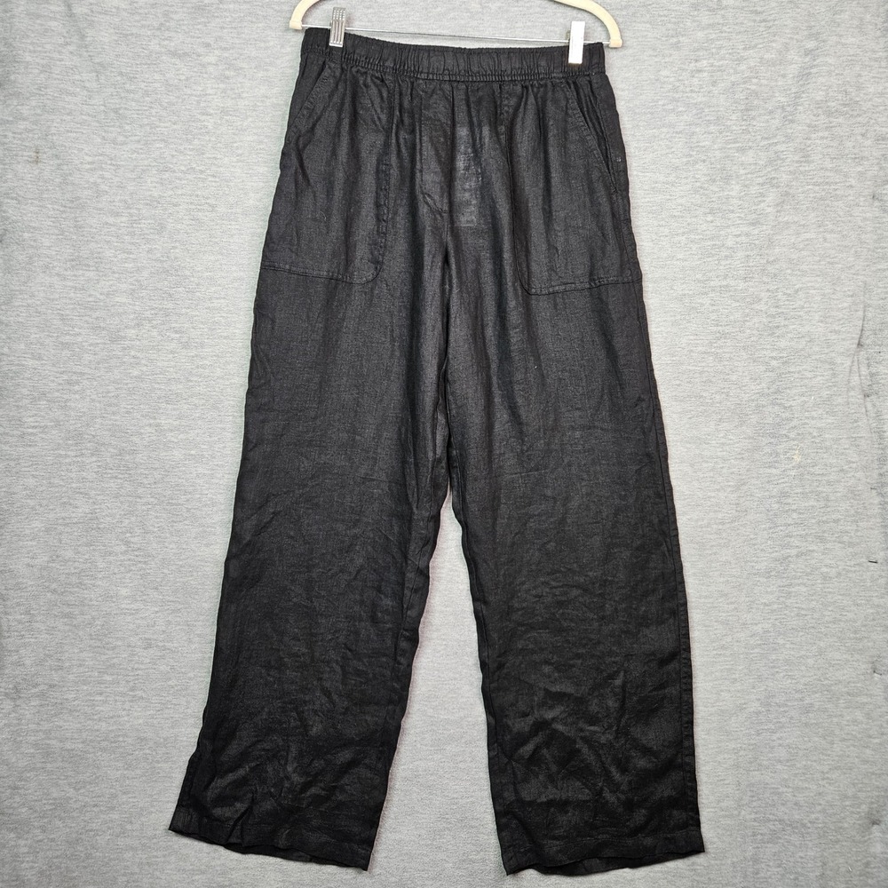 Zara Women's Black 100% Linen Wide Leg Elastic Waist Pants Size L NWT